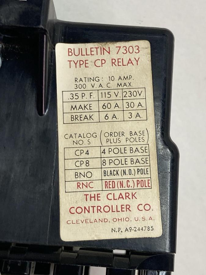 Used Clark Controls,Bulletin 7303 Type CP,Relay 10A 300Vac A9-244785