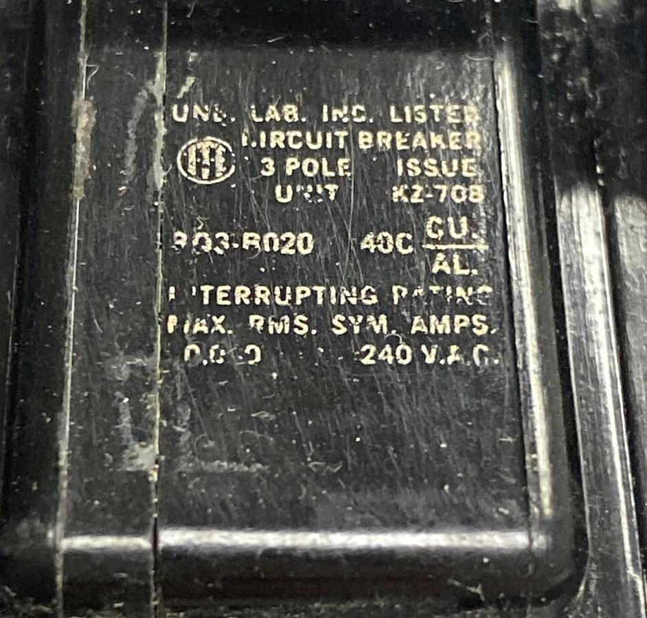 Used Siemens,BQ3-B020,Circuit Breaker 20AMP 240V 3 pole