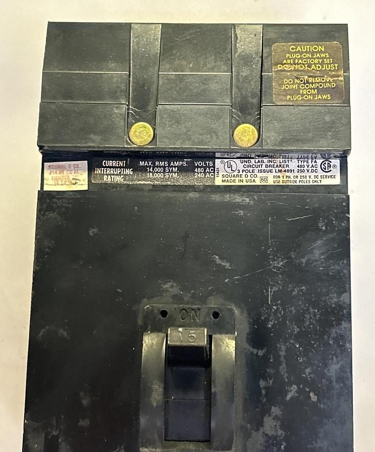 Used SQUARE D,FA34015,I-LINE CIRCUIT BREAKER 15A 480V 3P