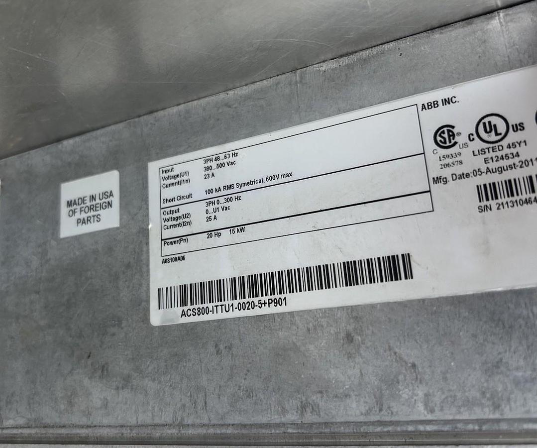 Used ITT PUMP SMART,ACS800-ITTU1-0020-5+P901,VARIABLE FREQUENCY DRIVE 25HP