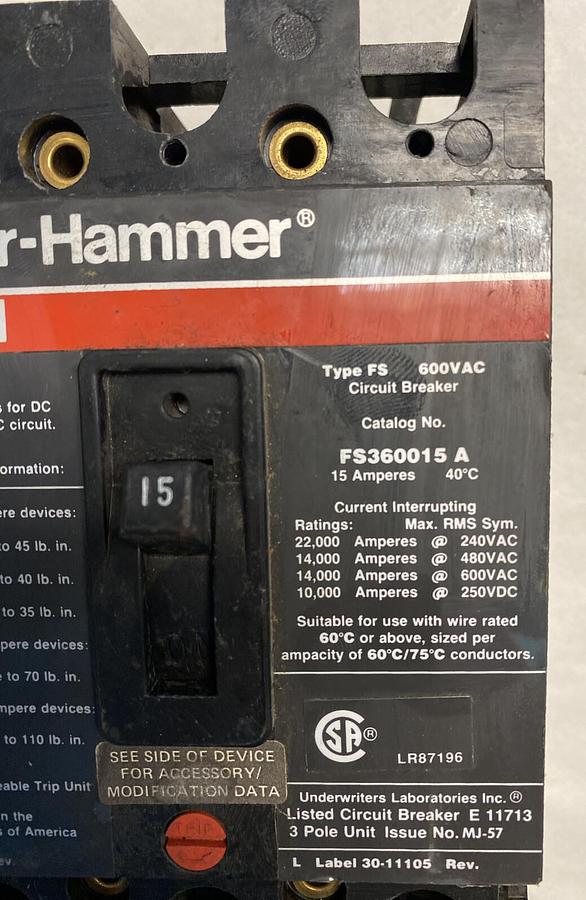 Used Cutler-Hammer,FS360015 A,Circuit Breaker 15AMP 600VAC 3 Pole