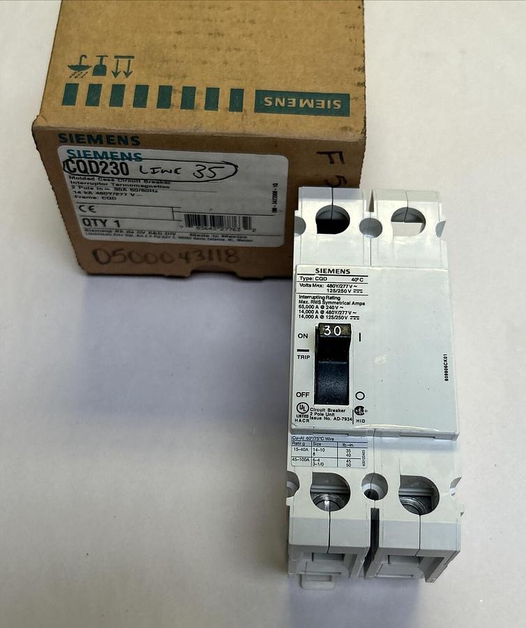 Used SIEMENS,CQD230,CIRCUIT BREAKER 30A 277V 2P NEW