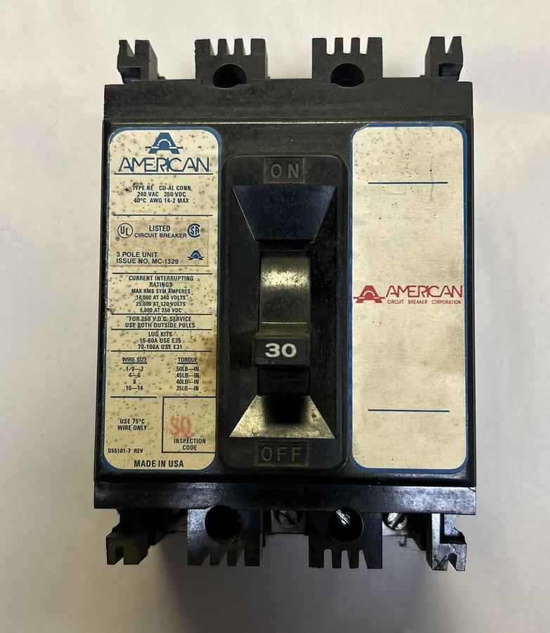 Used AMERICAN,NE331030,CIRCUIT BREAKER 30A 240V 3P
