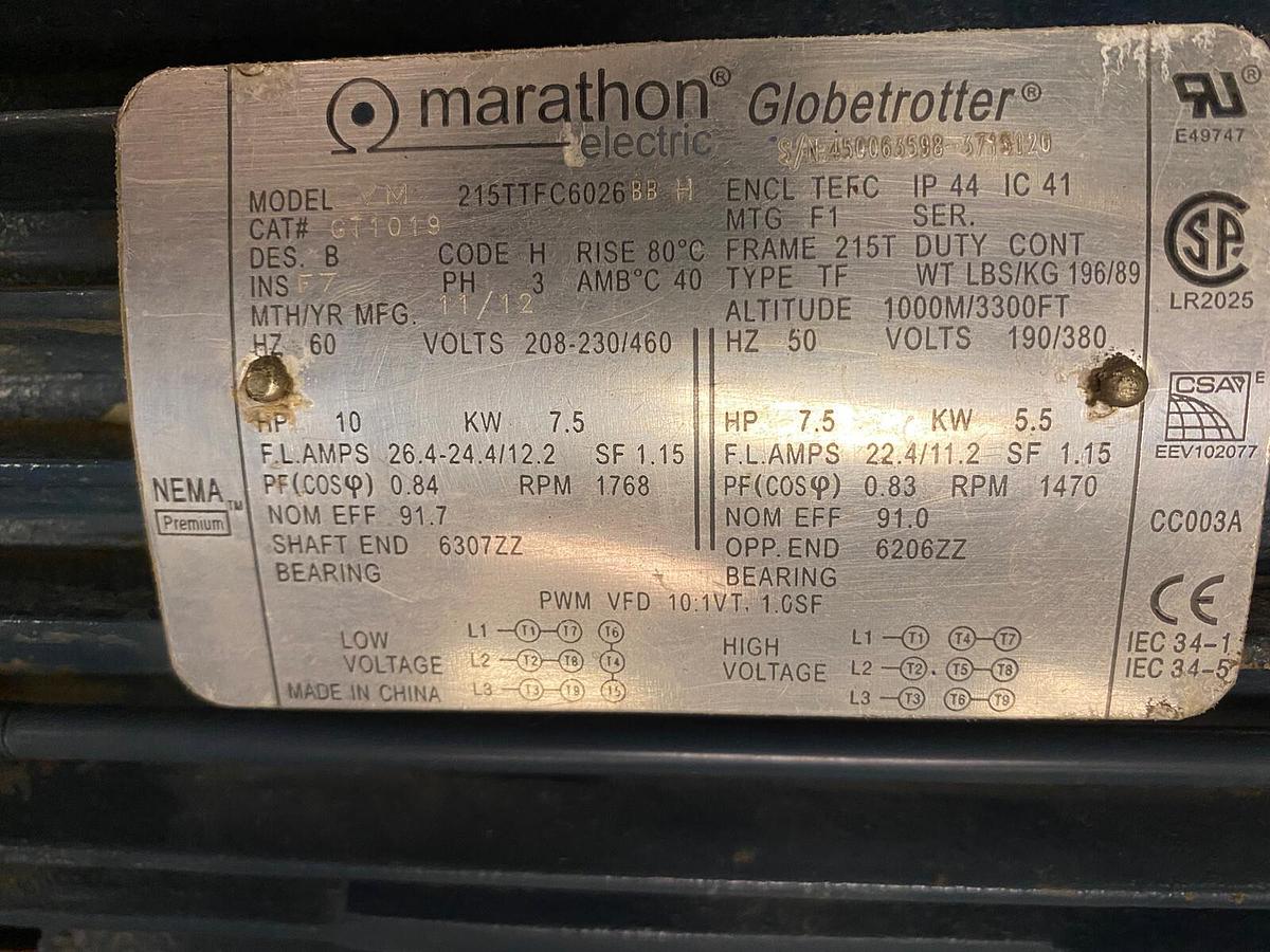 MARATHON,GT1019,GLOBETROTTER 10HP MOTOR 1768RPM 215T 208-230V/460V