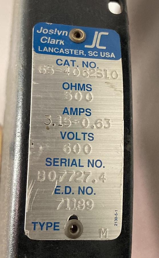 Used Joslyn Clark,65-4062S10,Type M Rheostat 500OHM 3.15-0.63A 600V