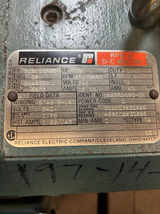 Used RELIANCE,SC2113ATZ,DC MOTOR 3HP 240V 650/1600RPM