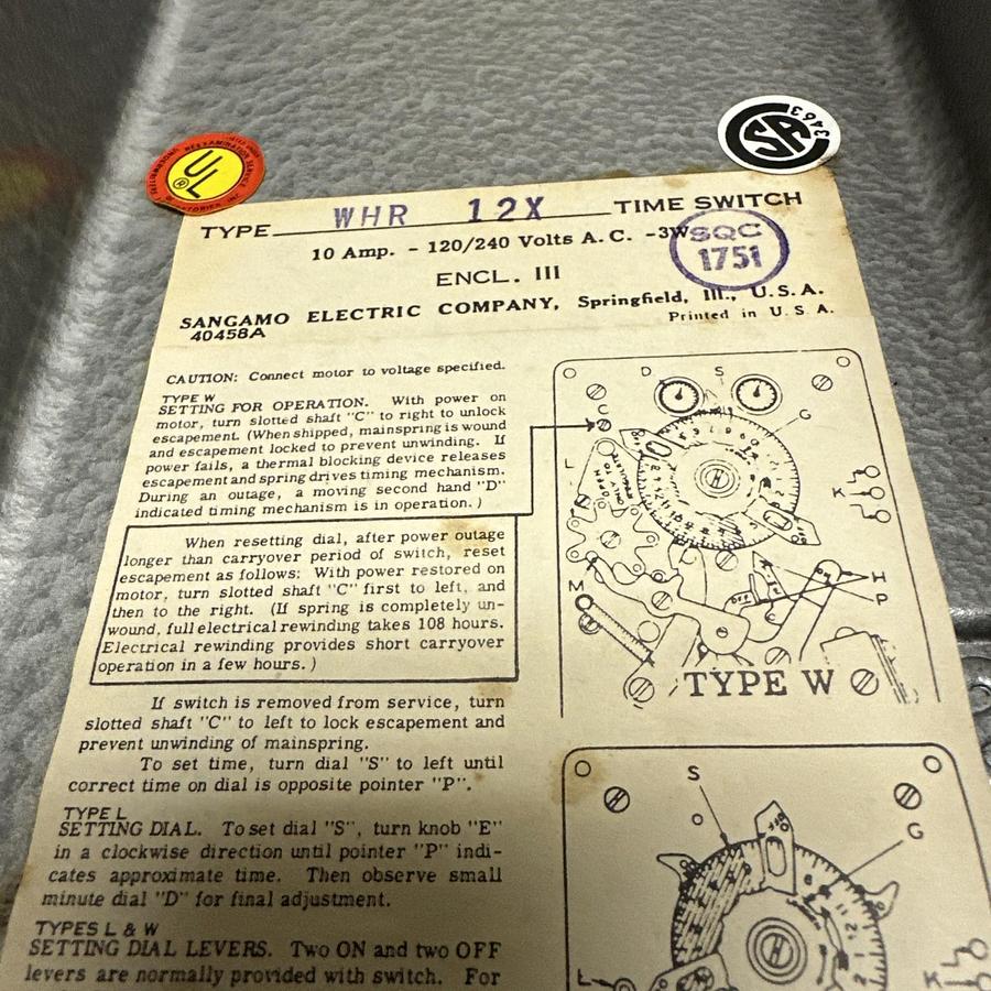 Sangamo,WHR 12X,Time Switch 120V