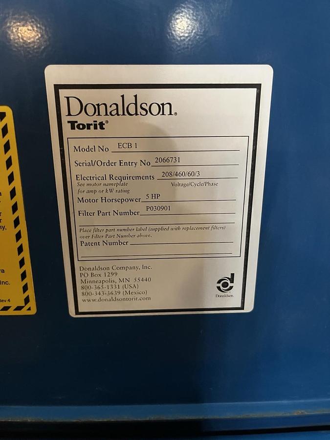 Used DONALDSON TORIT,ECB-1,DUST COLLECTOR 5HP 3PH
