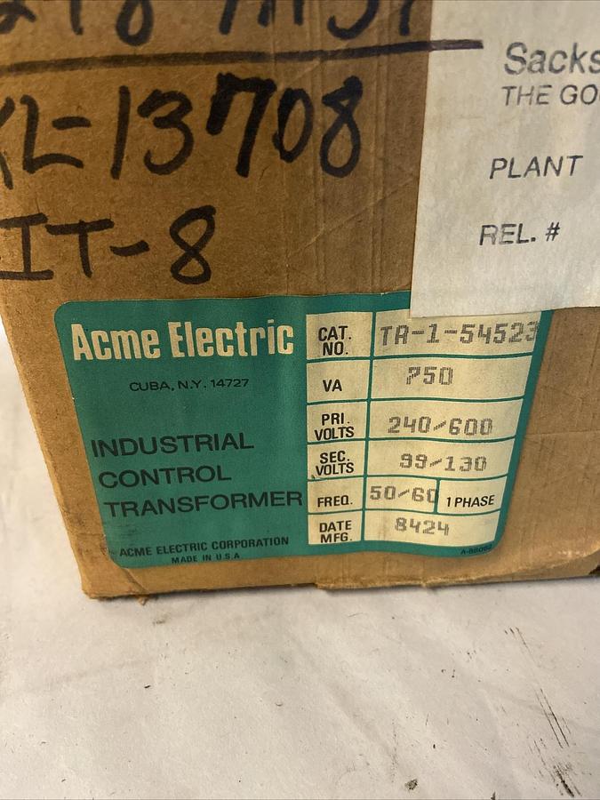 Used Acme,TA-1-54523,Control Transformer 750VA Primary 240/600v Sec 99/130v 1PH NOS