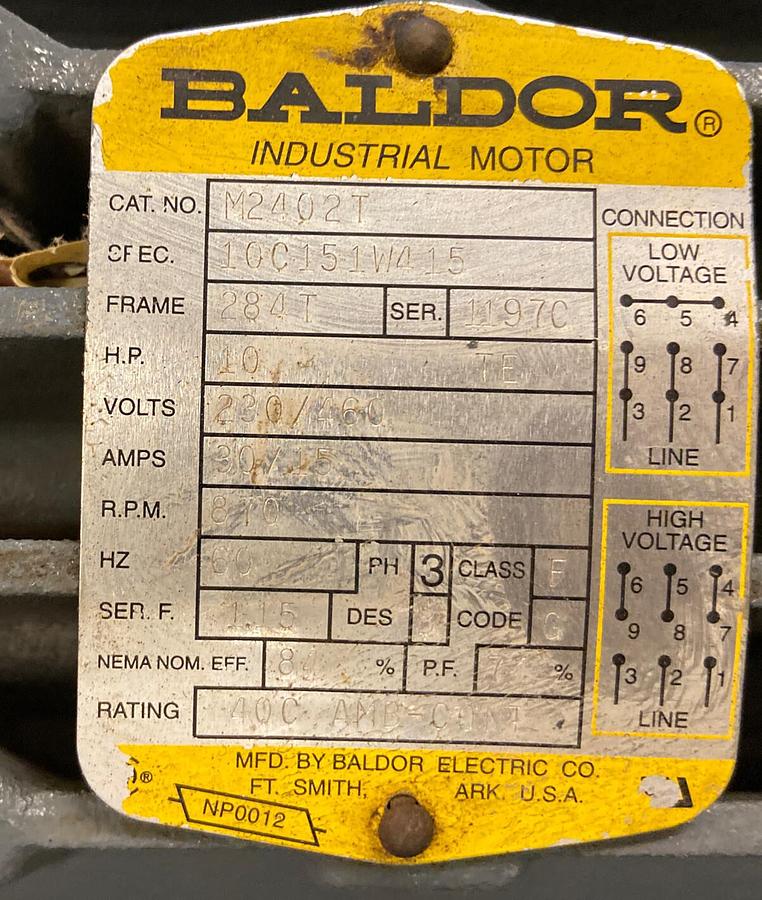 Used Baldor,M2402T,10Hp Motor 870RPM 230/460V Frame 284T Refurbished