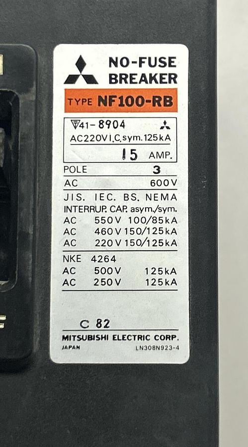 Used MITSUBISHI,NF100-RB,NO-FUSE BREAKER 15A 600V 3P