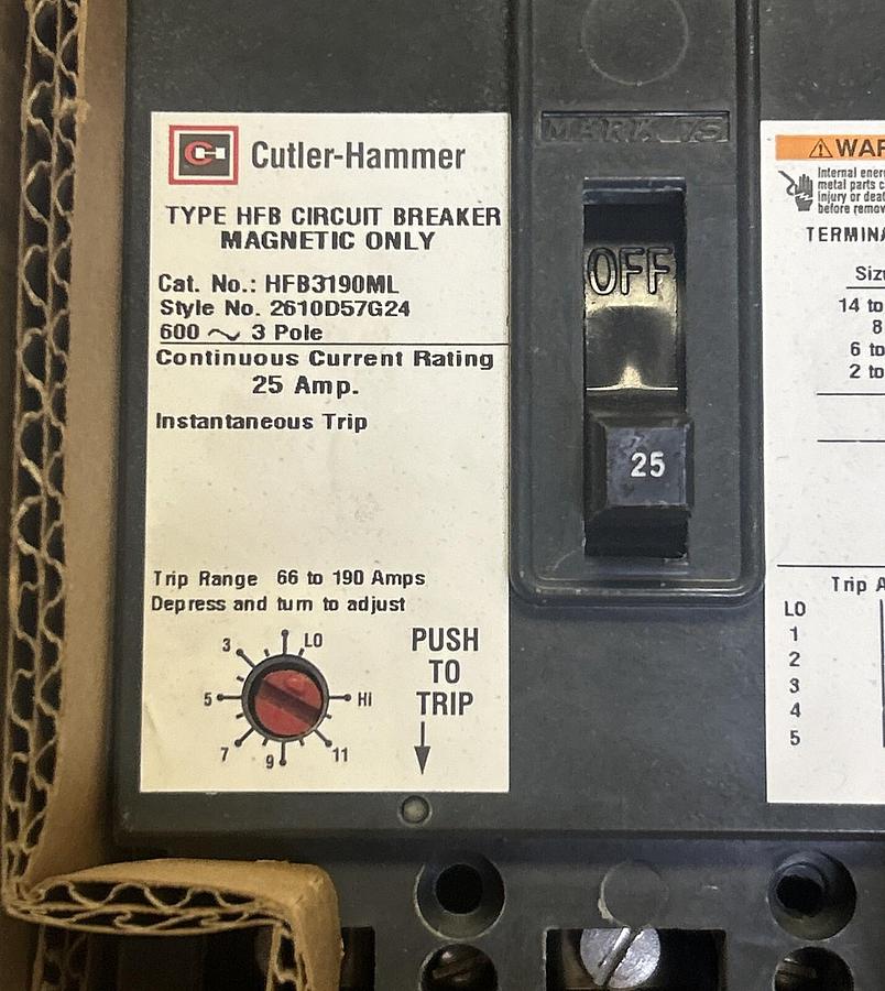 Used EATON CUTLER-HAMMER,HFB3190ML,CIRCUIT BREAKER 25A 600V 3P NEW