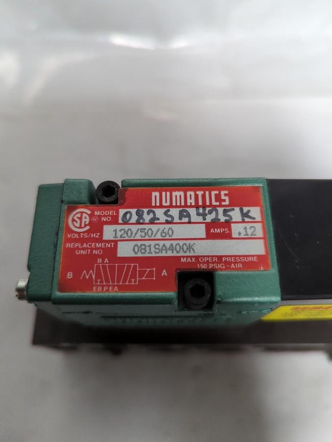 Used NUMATICS,082SA425K,SOLENOID VALVE WITH 237-415B COIL AND MANIFOLD BASE