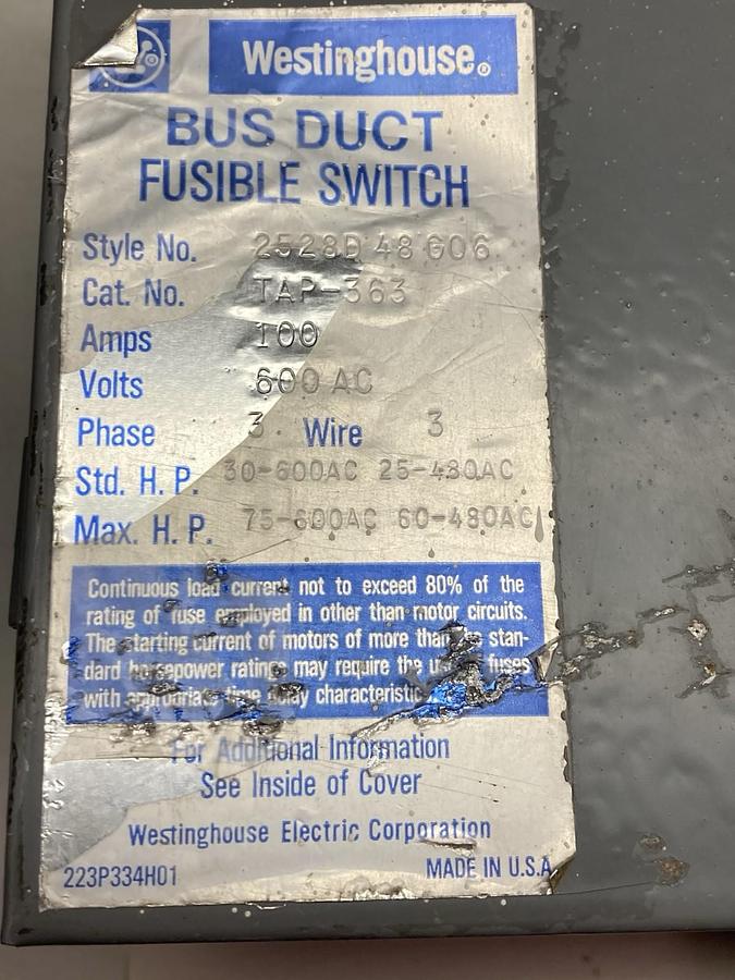 Used Westinghouse,TAP 363,3-Phase Bus Duct Fusible PLUG 100A 600Vac