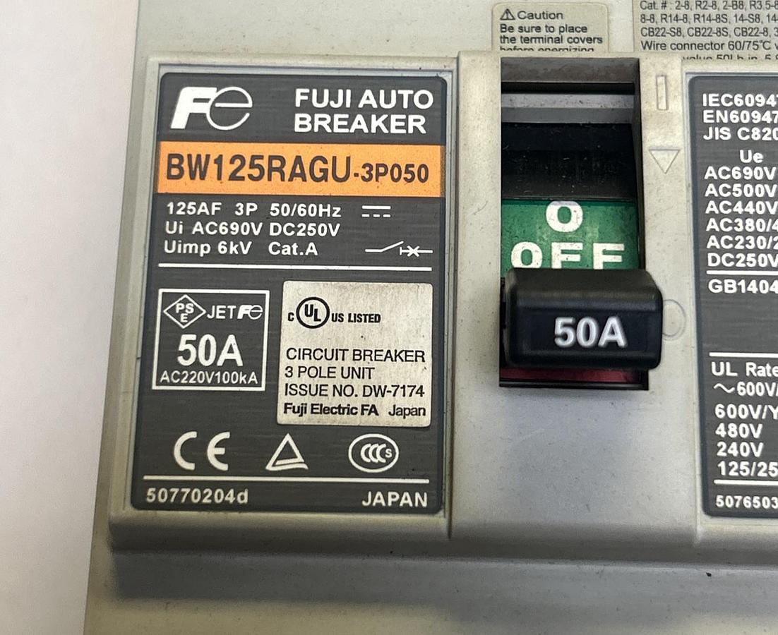 Used FUJI ELECTRIC,BW125RAGU-3P050,AUTO CIRCUIT BREAKER 50A 690V 3P