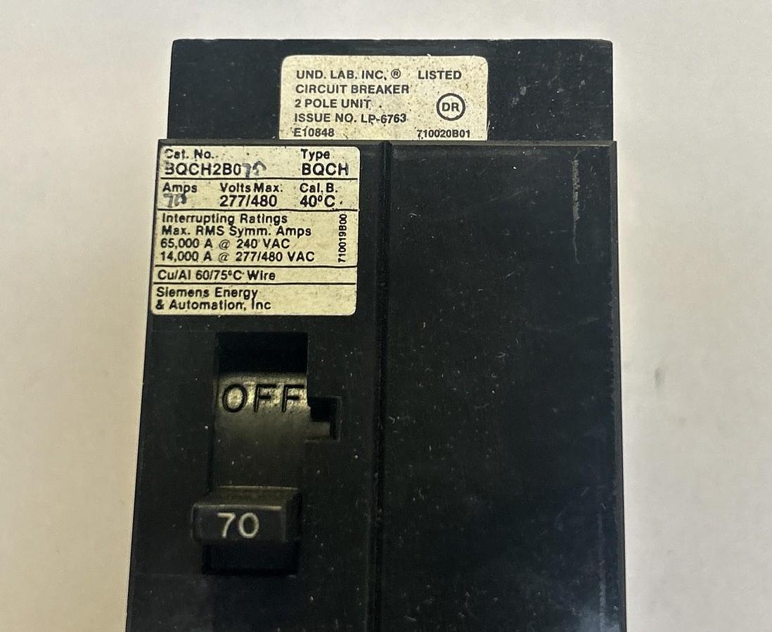 Used SIEMENS,BQCH2B070,CIRCUIT BREAKER 70A 480V 2P