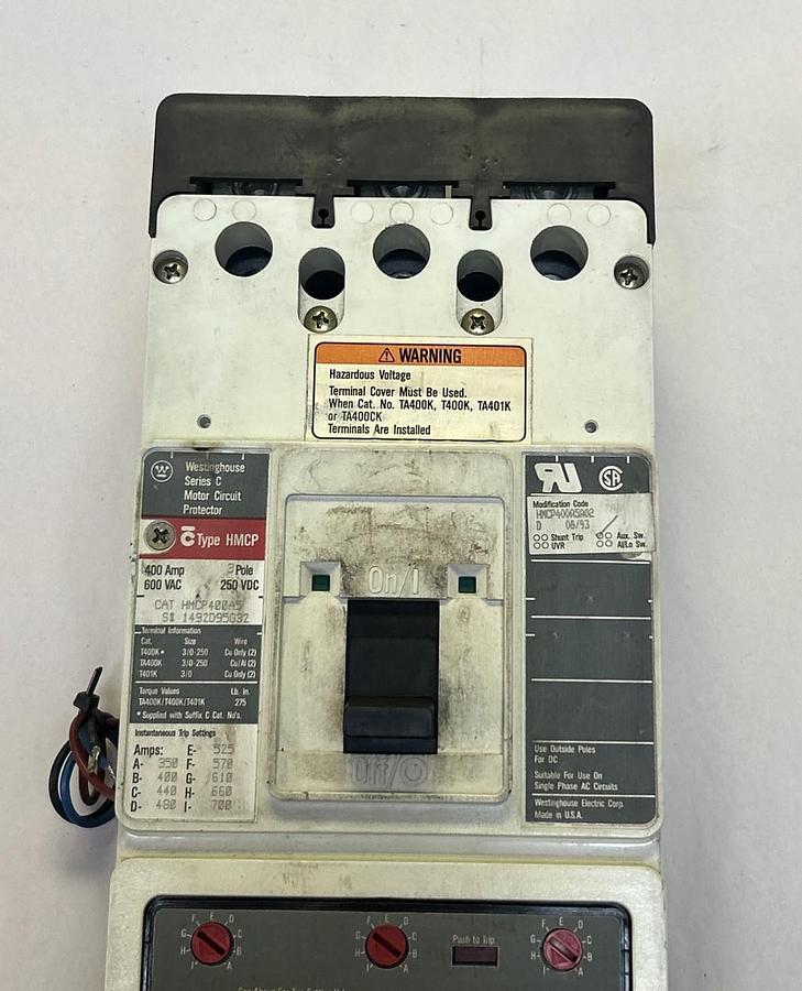 Used WESTINGHOUSE,HMCP400A5,CIRCUIT BREAKER 400A 600V 3P