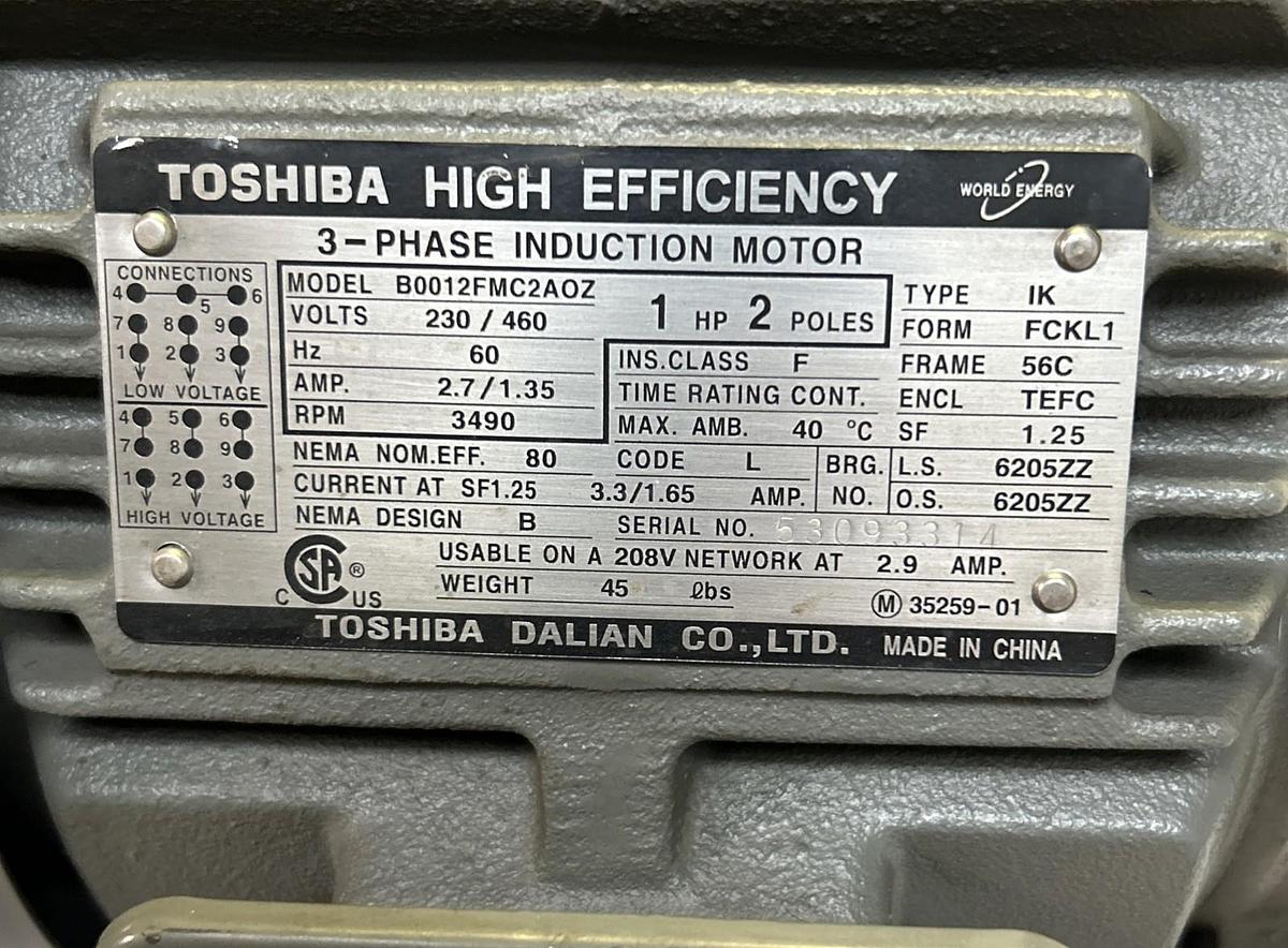 Used TOSHIBA,B0012FMC2AOZ,MOTOR 1HP 3490RPM 230/460V 3PH 56C FRAME