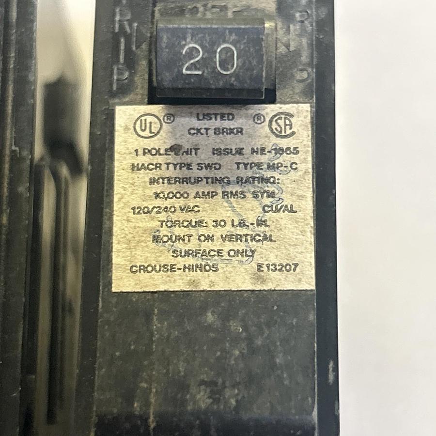 Used CROUSE HINDS,MP-C120,CIRCUIT BREAKER 20A 120/240V 1P LOT OF 3