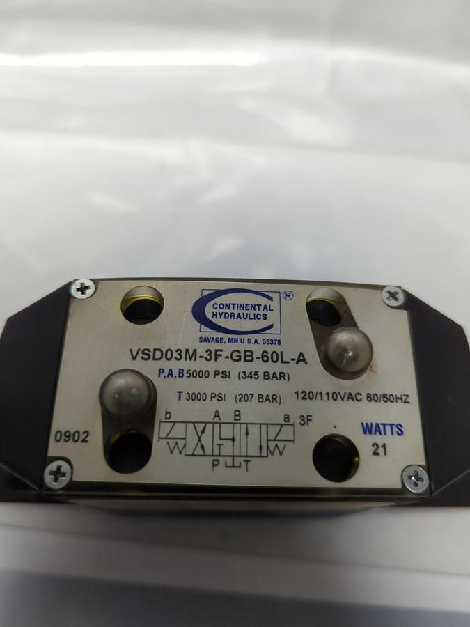 Used CONTINENTAL HYDRAULICS,VSD03M-3F-GB-60L-A,VALVE 120/110VAC 60/50HZ 21 WATTS