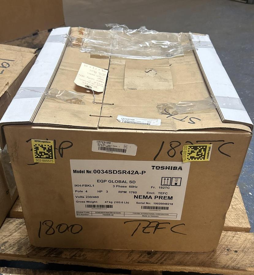 TOSHIBA,0034SDSR42A-P,MOTOR 3HP 1760RPM 230/460V 3PH 182TC FRAME NEW