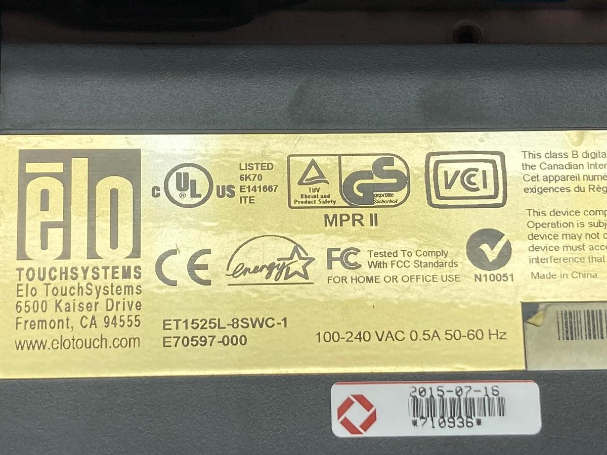 Used Elo,ET1525L-8SWC-1,Touchscreen Monitor 100-240 VAC