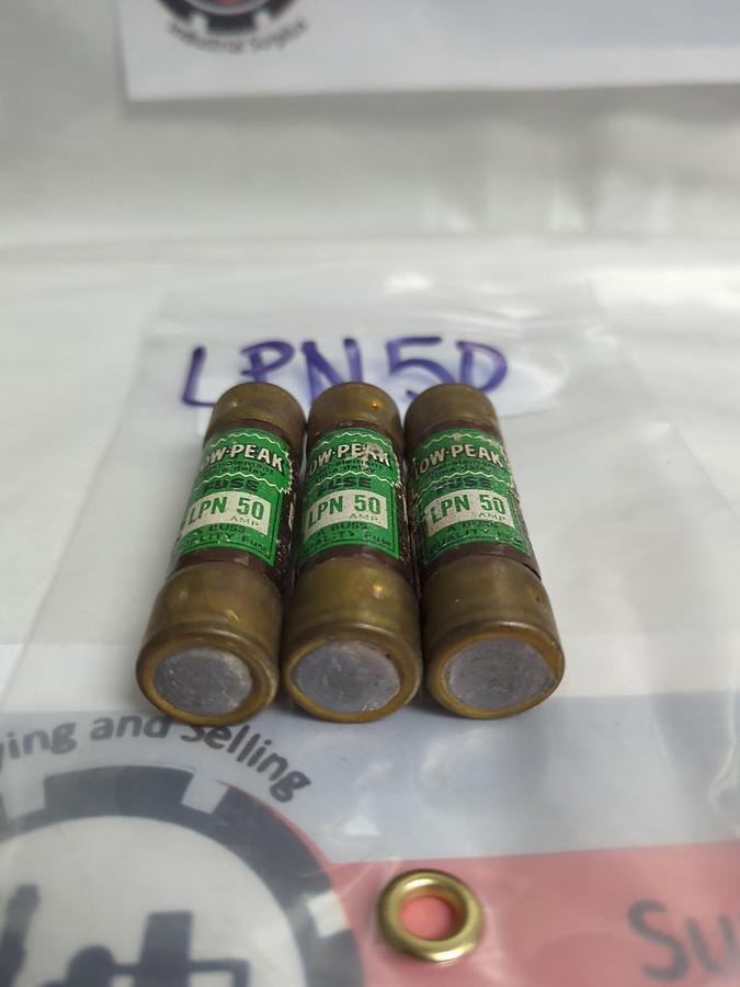 Used COOPER BUSSMANN,LPN-50,LOW-PEAK 50 AMP FUSE LOT OF 3 PRE-OWNED