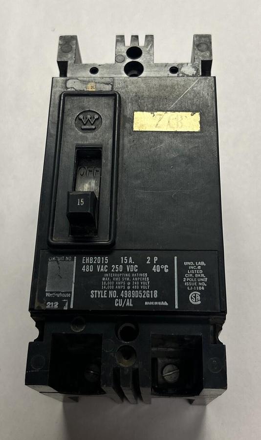 Used WESTINGHOUSE,4989D52G18,CIRCUIT BREAKER 15A 480V