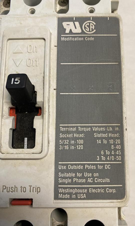 Used Westinghouse,HMCP015E0C,Motor Circuit Protector 15AMP 600V