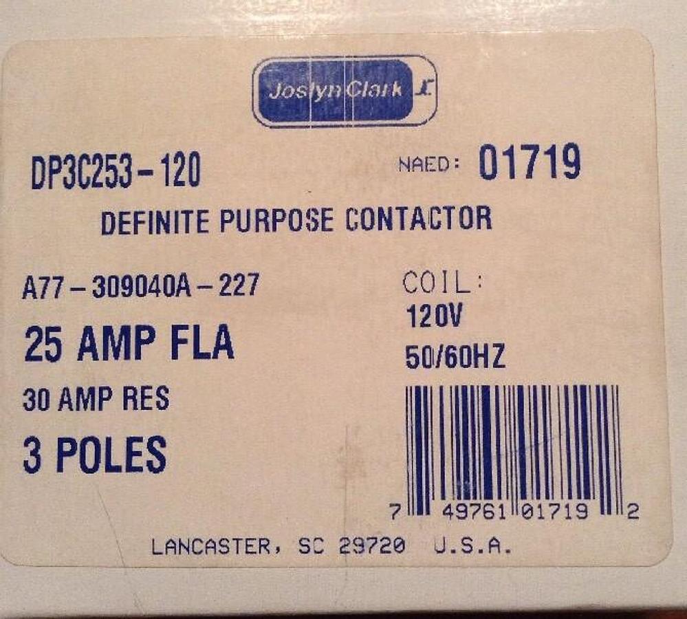Joslyn Clark,DP3C253-120,Definite Purpose Contactor  25 AMP FLA 3-Pole