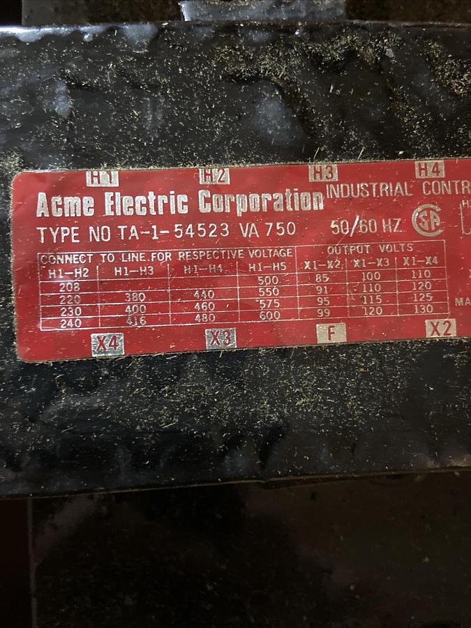 Used Acme,TA-1-54523,Control Transformer 750VA Primary 240/600v Sec 99/130v 1PH NOS