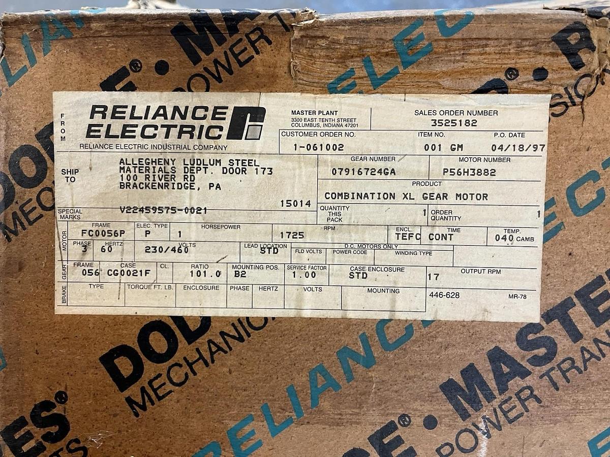 DODGE,07916724G4,COMBINATION XL GEAR REDUCER MOTOR 1HP 101 RATIO OUT RPM 17