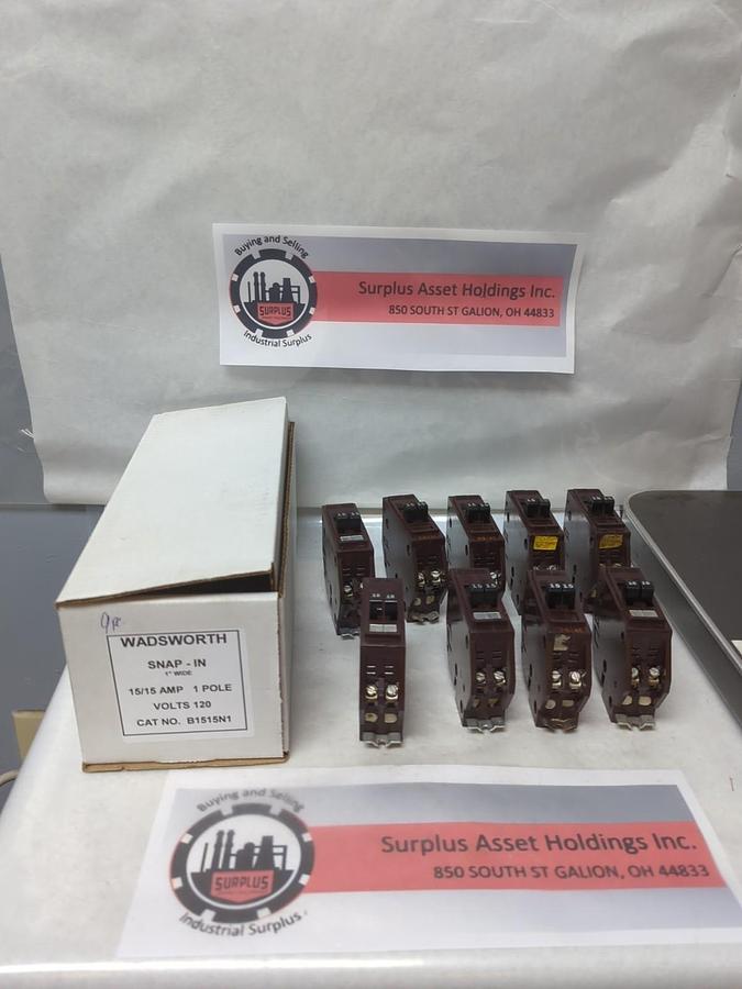 Used WADSWORTH,B1515N1,CIRCUIT BREAKER 15/15 AMP 1-POLE LOT OF 9 PRE-OWNED