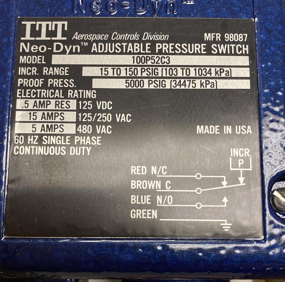 Used ITT Neo-Dyn,100P52C3,Adjustable Pressure Switch 5000 PSIG NOS