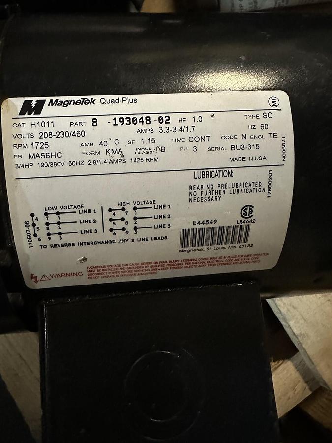 Magnetek,H1011,MOTOR 1Hp 1725 RPM 208-230/460