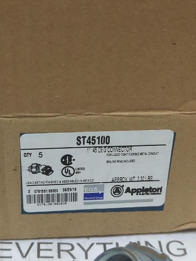 APPLETON,ST45100,1 INCH 45 DEG CONDUIT CONNECTORS BOX OF 5 NEW