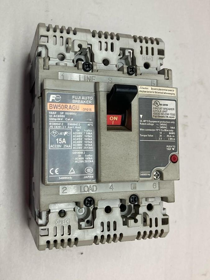 Used Fuji Electric,BW50RAGU-3P015,2-Phase Circuit Breaker 50AF 50/60Hz
