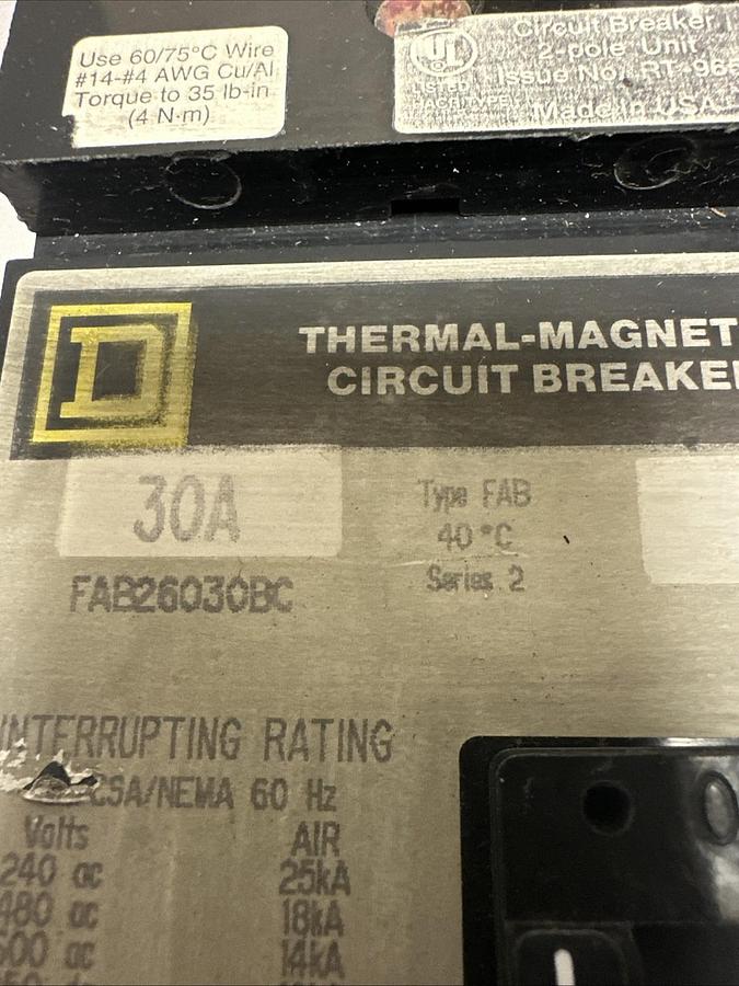 Used Square-D,FAB26030BC,30 Amp 600VAC 2 Pole Circuit Breaker