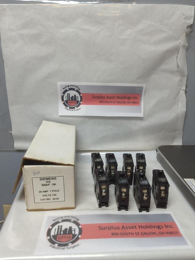 Used SIEMENS,Q120,CIRCUIT BREAKER 20 AMP 1-POLE LOT OF 8 PRE-OWNED