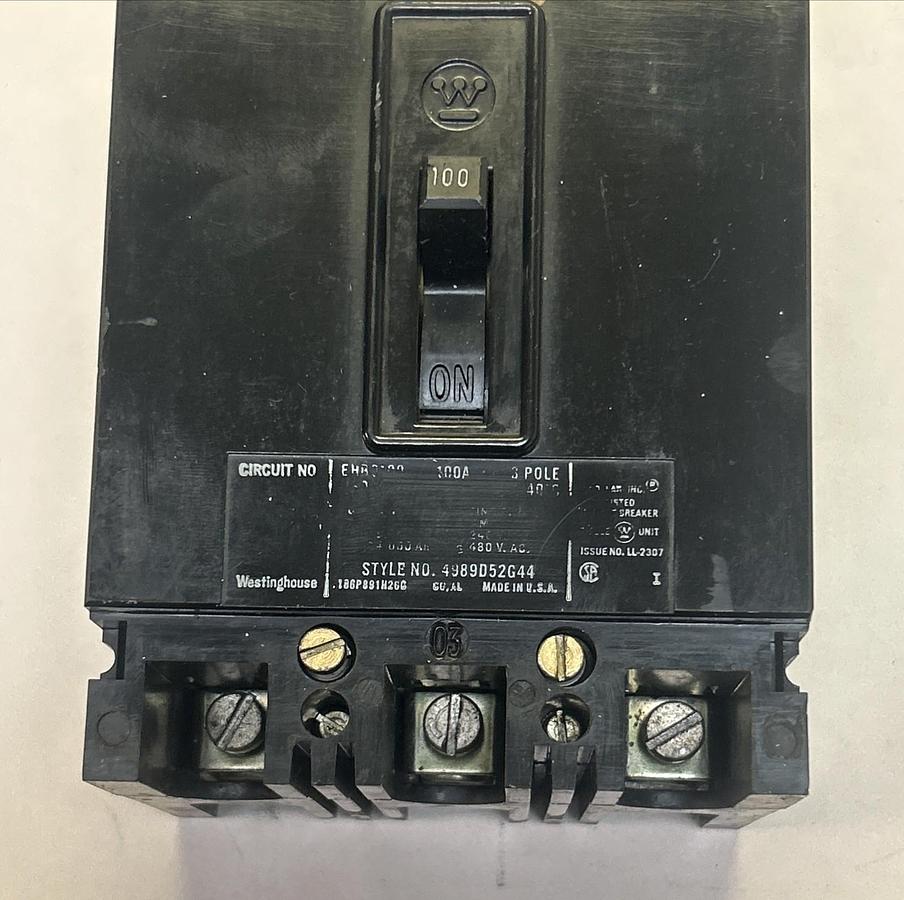 Used WESTINGHOUSE,EHB3100,CIRCUIT BREAKER 100A 480V 3P