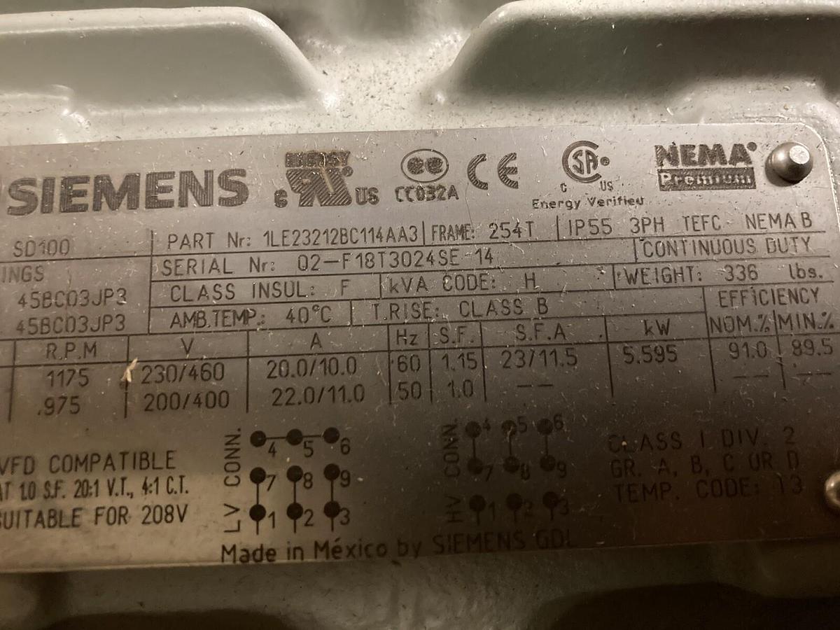 Siemens,SD100 Model 1LE23212BC114AA3,7.5HP Electric Motor 1175 RPM 230/460V