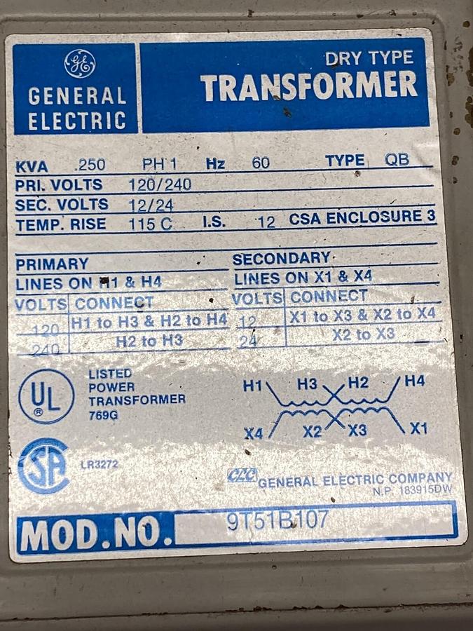 Used General Electric,9T51B107,Transformers PH1 60 Hz Type QB