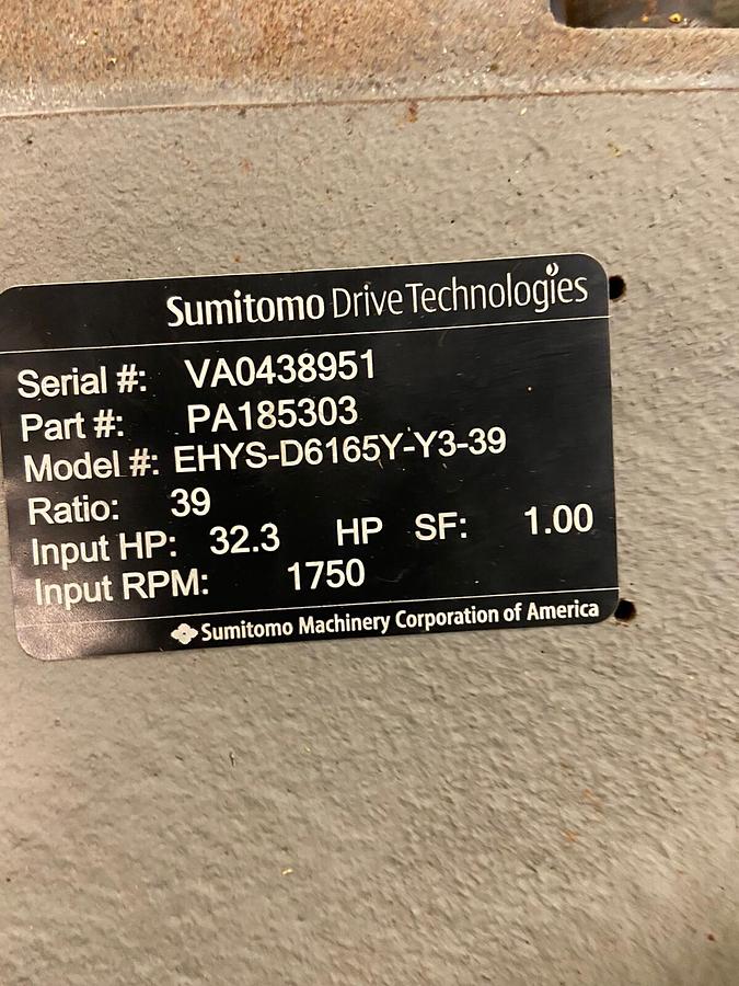 Used Sumitomo,PA185303,Gear Reducer EHYS-D6165Y-Y3-39 Ratio 39 Input 32.3Hp 1750RPM