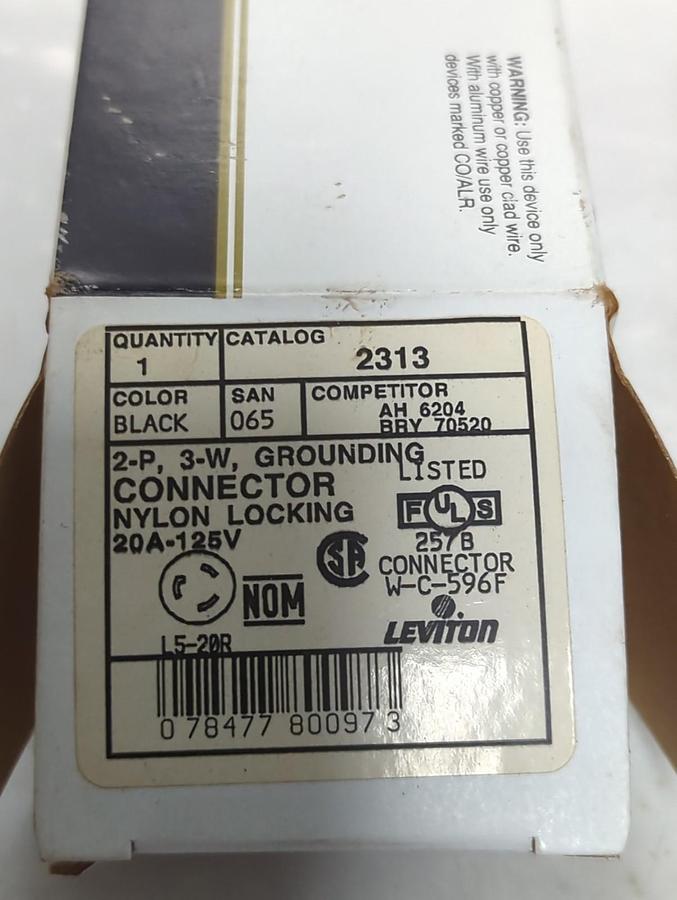 LEVITON,2313,NYLON LOCKING CONNECTOR 125V 20A 2P 3W NOS