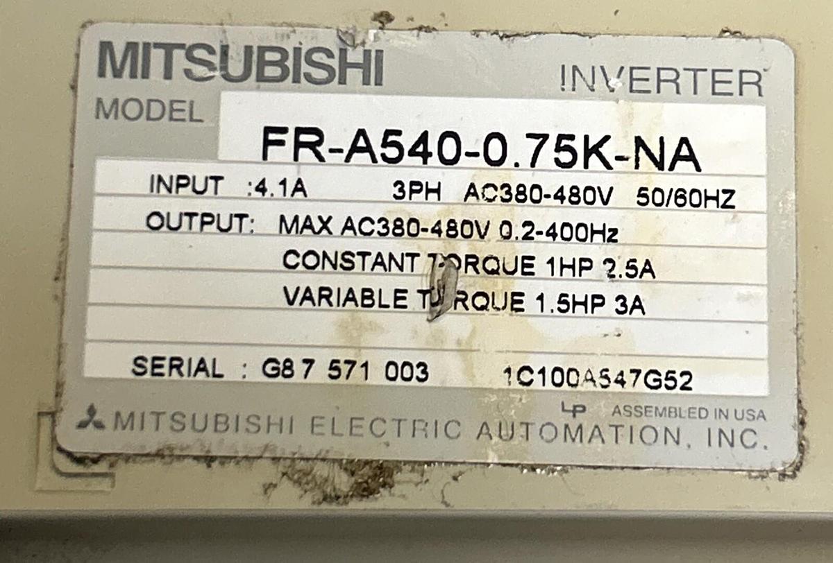 Used MITSUBISHI,FR-A540-0.75K-NA,INVERTER AC DRIVE 1 HP W/ FR-DU04 CONTROL
