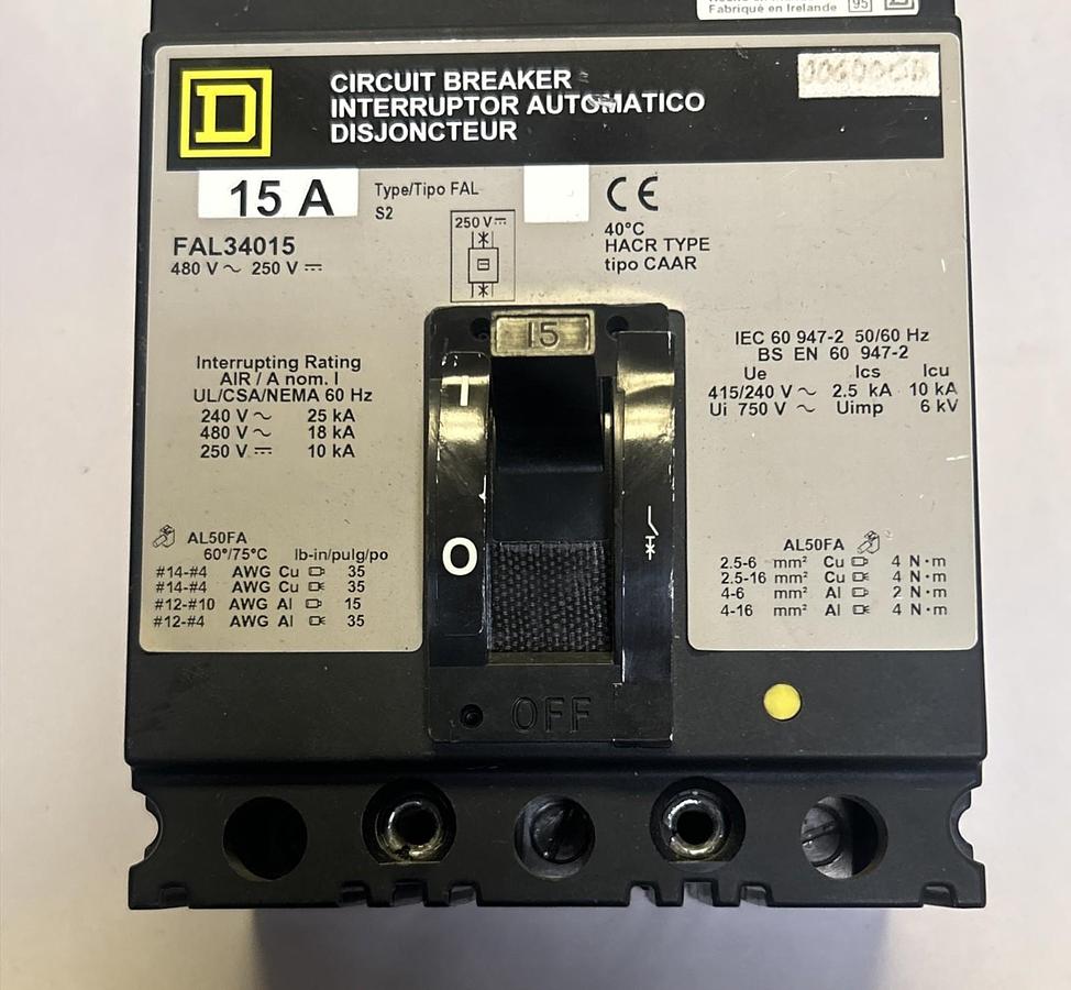 Used SQUARE D,FAL34015,CIRCUIT BREAKER 15A 480V 3P