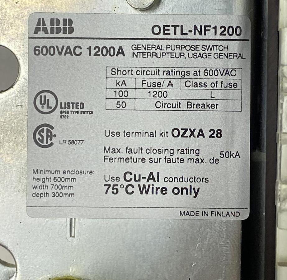 Used ABB,OETL-NF1200,1200AMP 600V Disconnect Switch