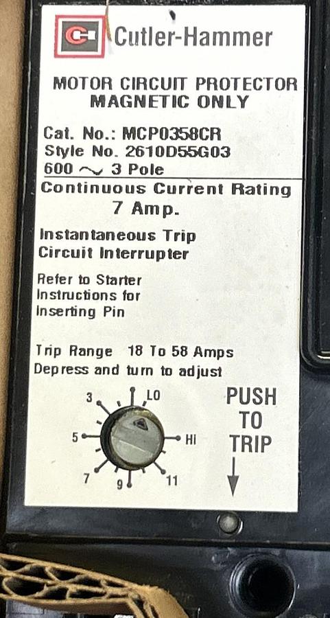 Used EATON CUTLER-HAMMER,MCP0358CR,CIRCUIT BREAKER 7A 600V 3P NEW