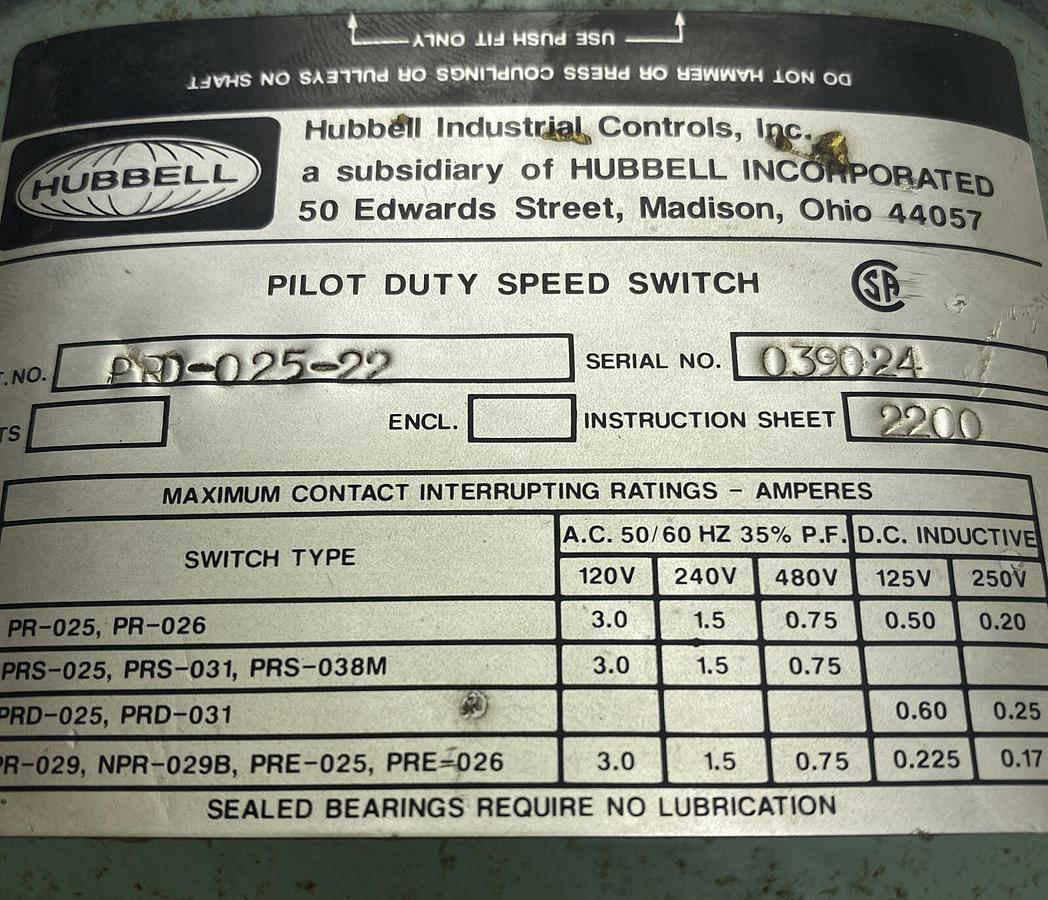 Used Hubbell,PRD-025-22,Pilot Duty Speed Switch Refurbished