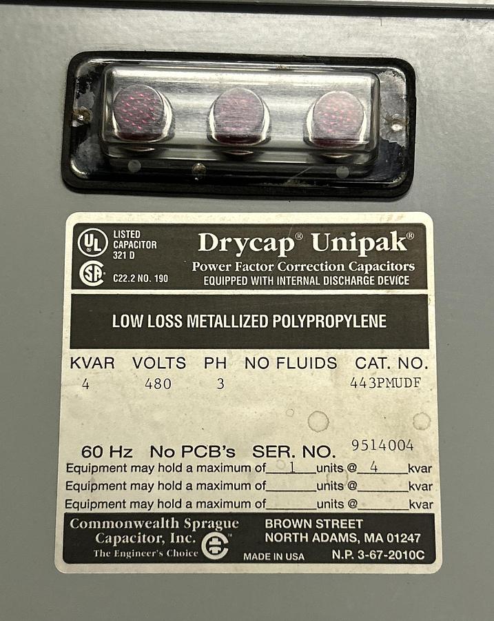 Used COMMONWEALTH SPRAGUE,443PMUDF, CAPACITOR 4KVAR 480V 3PH